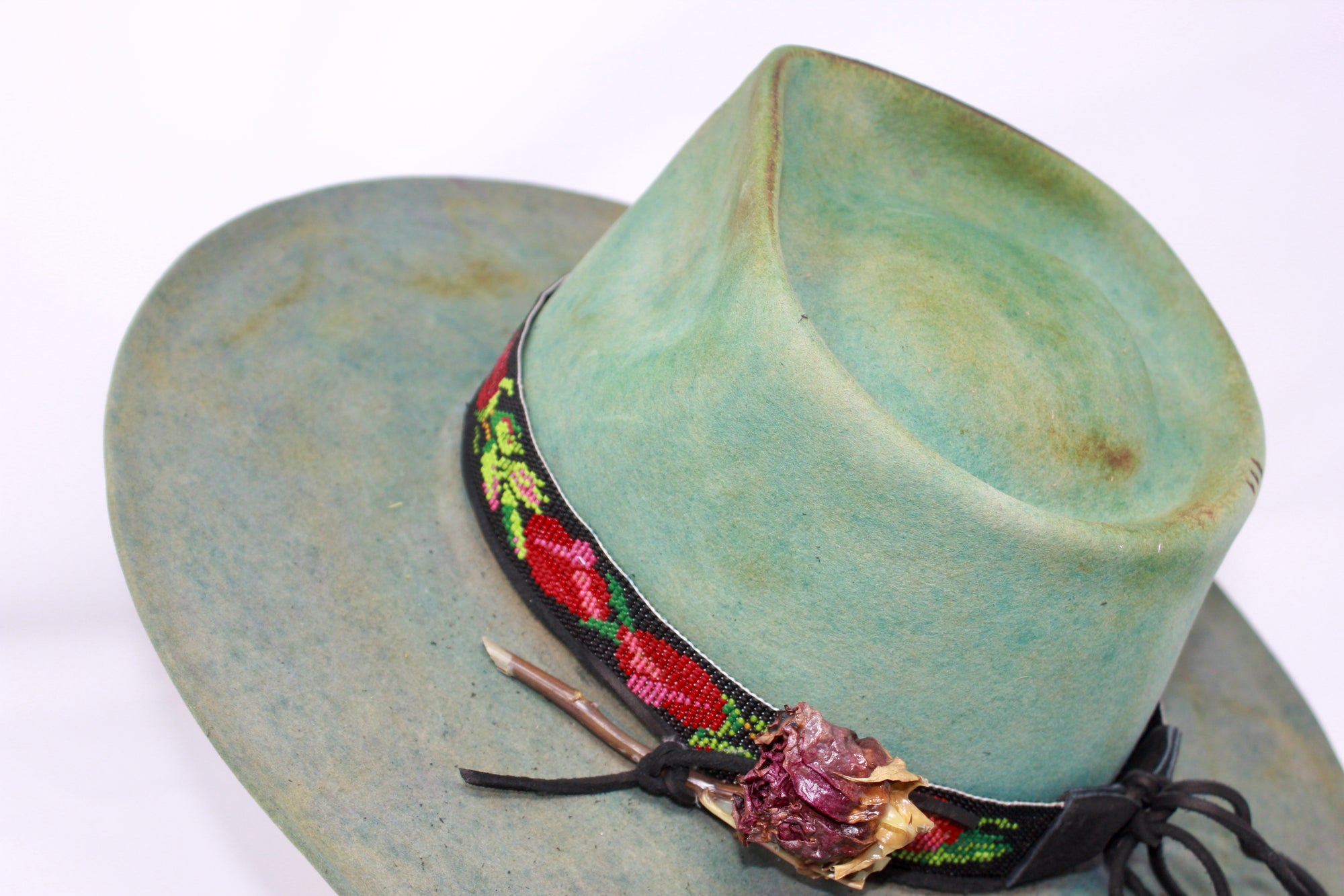 "Burnt Sage"  Hand Dyed Lone Hawk Hat with Hand Beaded Band Size 7 1/4