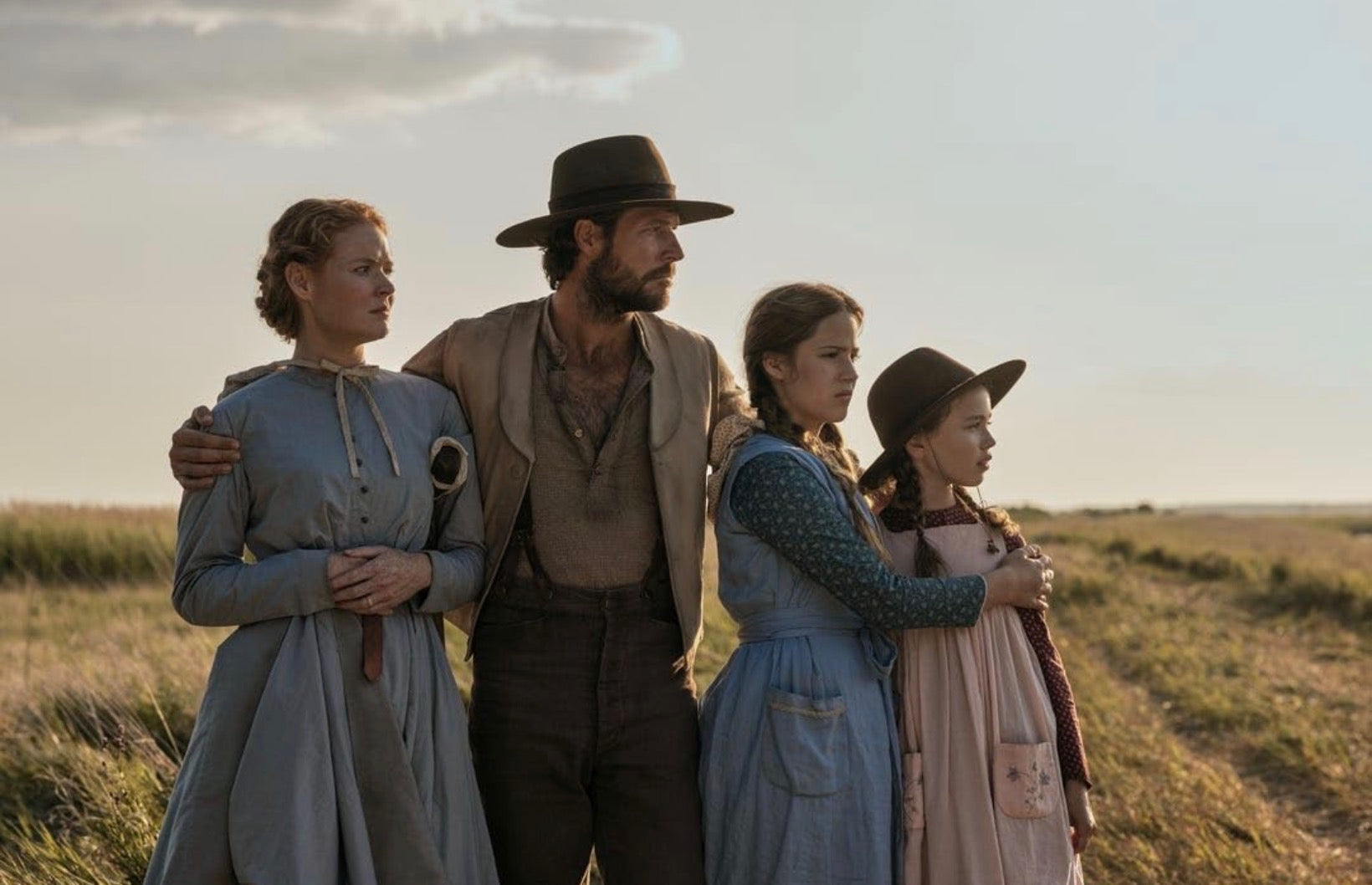 Little House on the Prairie series cast featuring Luke Bracey as Charles and Alice Halsey as Laura, wearing custom Lone Hawk hats