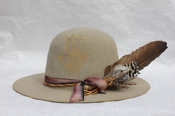 left view of Block Print Open Crown hat by Lone Hawk Hats featuring antique Indian wood block prints, hand-painted gold accents, hand-dyed silk ribbon, and a classic open crown design.