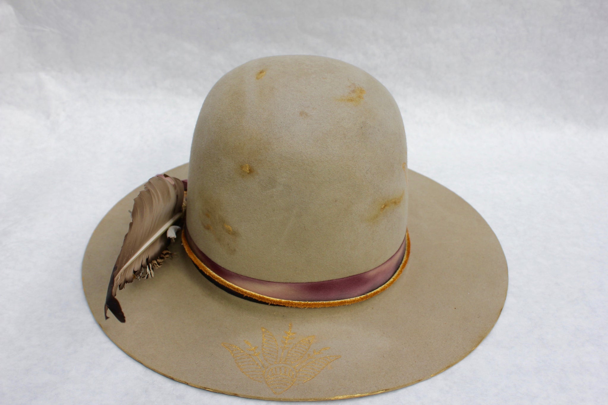 Back view of tht Block Print Open Crown hat by Lone Hawk Hats featuring antique Indian wood block prints, hand-painted gold accents, hand-dyed silk ribbon, and a classic open crown design.
