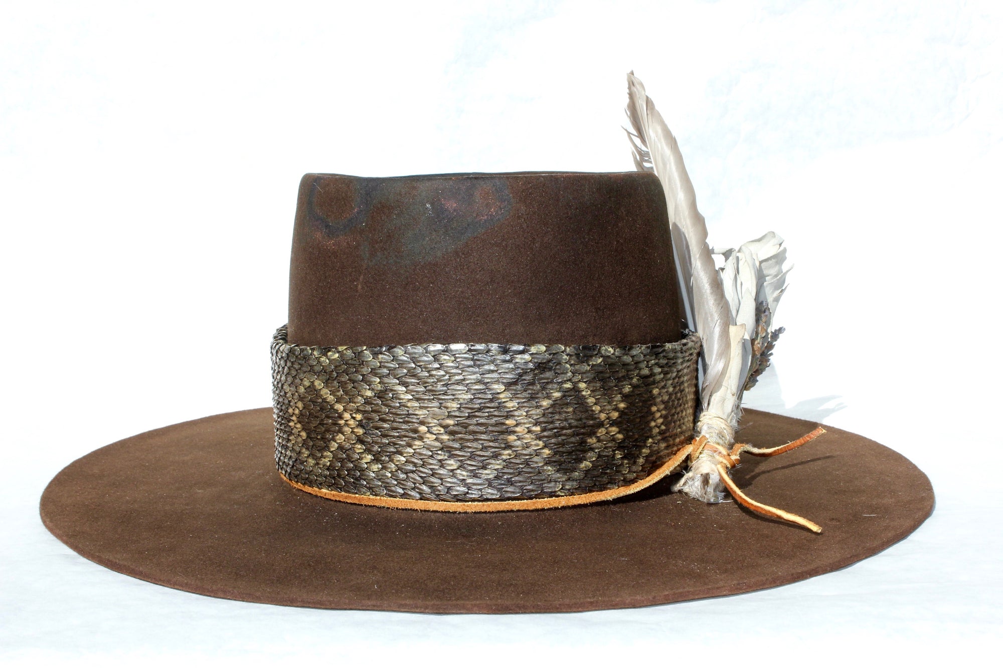 Front view of The Snakebite Telle custom Lone Hawk hat featuring a telescope crown, flat brim, beaver felt body, custom rattlesnake skin band, and found feather accent.